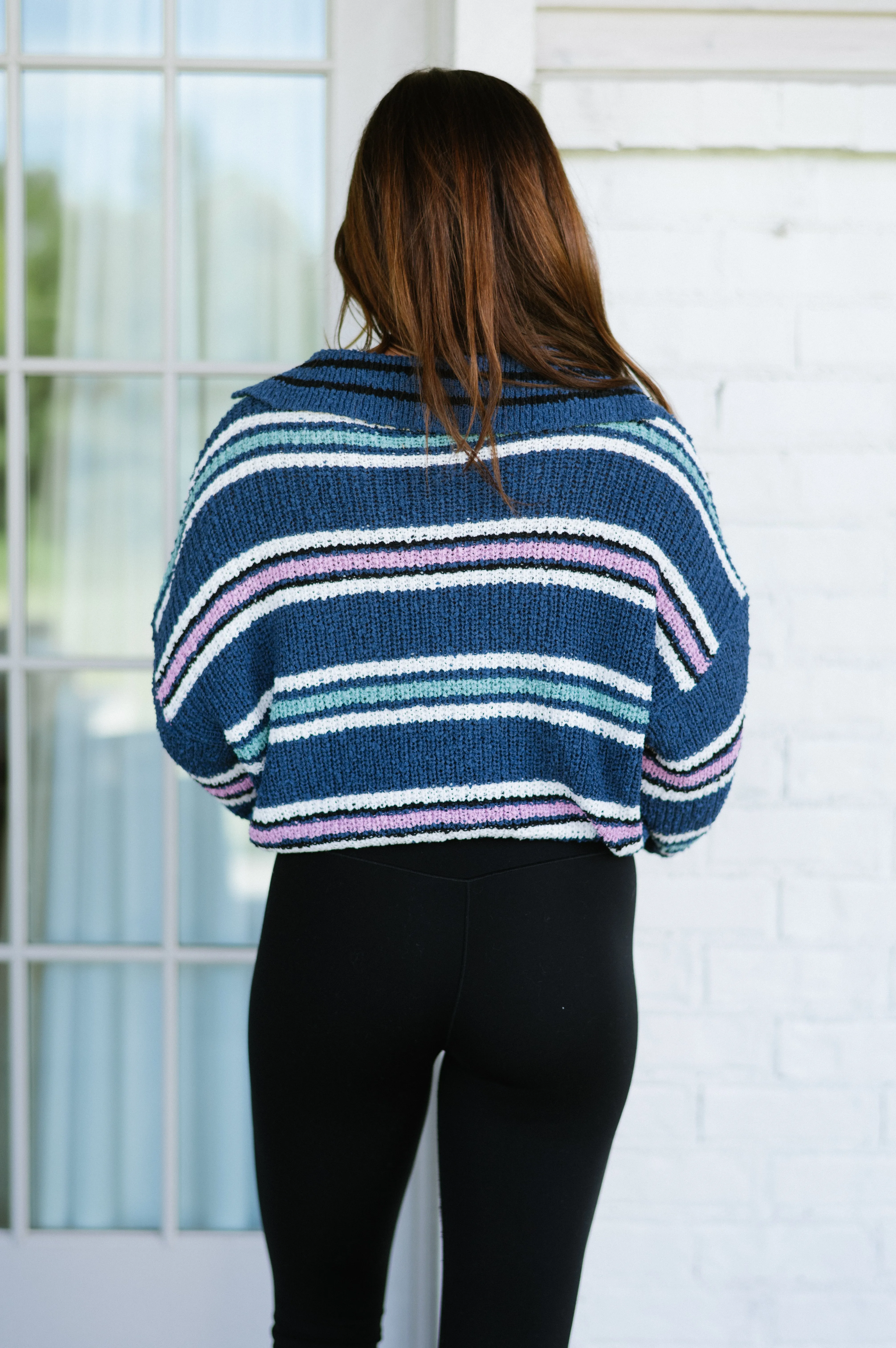 Multi Stripe Fuzzy Sweater-Navy Mix