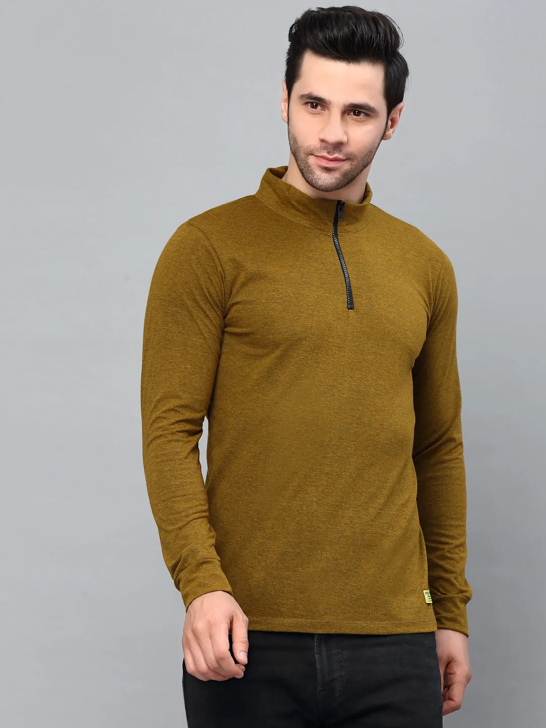 Mustard Black Henley Neck Full Sleeve T-Shirt