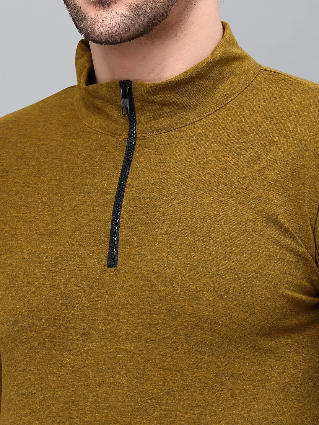 Mustard Black Henley Neck Full Sleeve T-Shirt