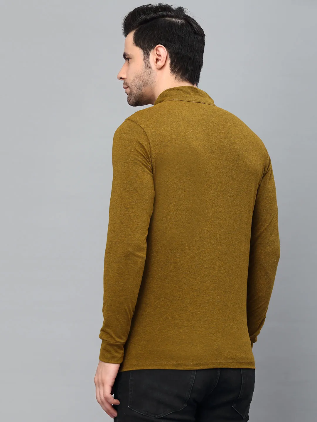 Mustard Black Henley Neck Full Sleeve T-Shirt