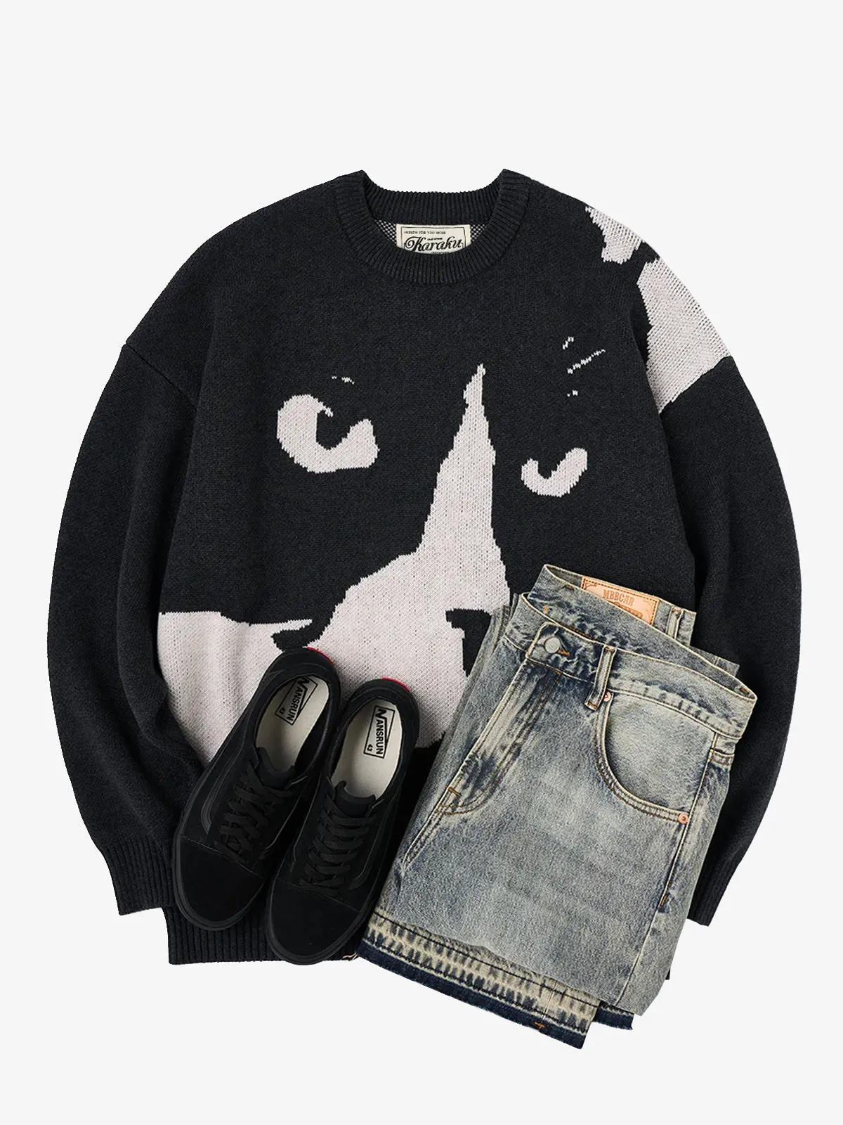 Night Cats Jacquard Woven Wool Knitted Sweater