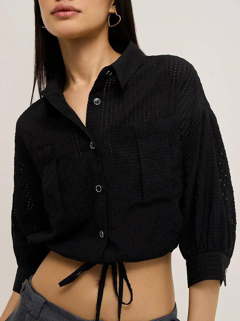 Nuon Black Waffle-Textured Crop Top