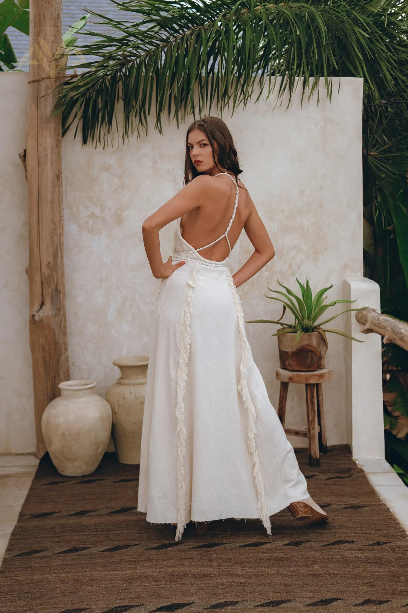 Off-White Boho Open Back Simple Wedding Dress with Hand Loomed Tassels