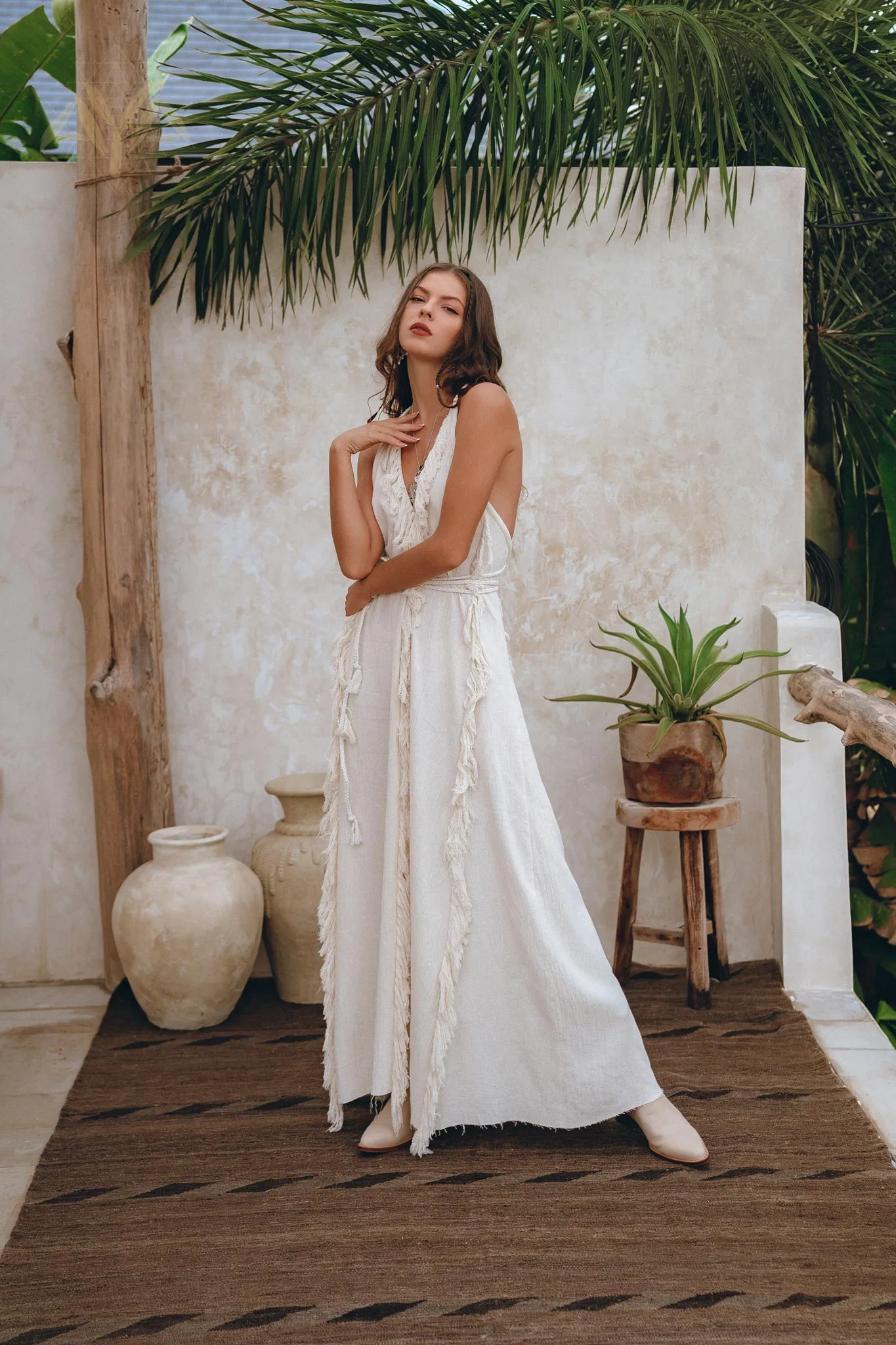 Off-White Boho Open Back Simple Wedding Dress with Hand Loomed Tassels