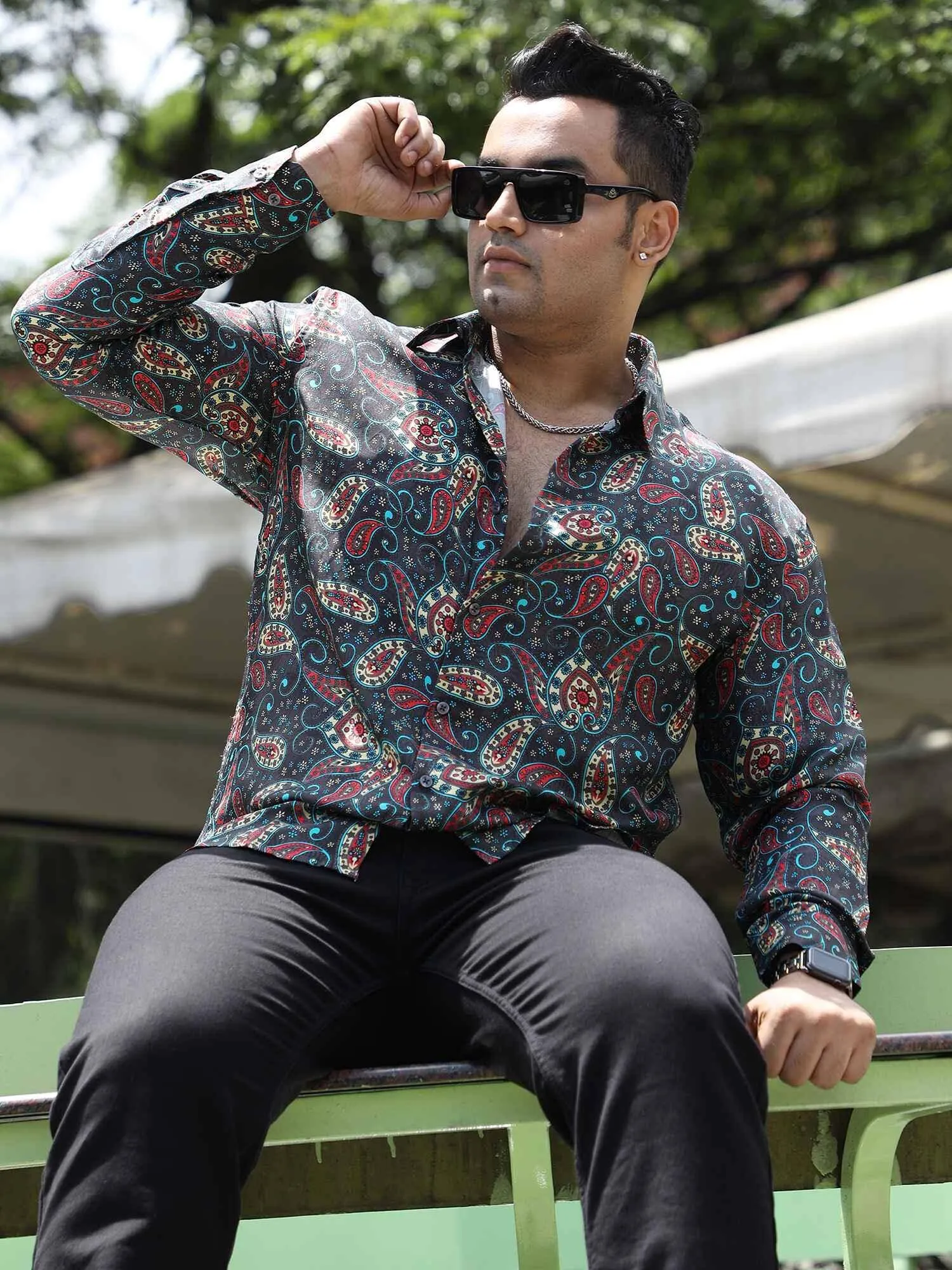 Paisley Printed Silk Full Shirt Men's Plus Size