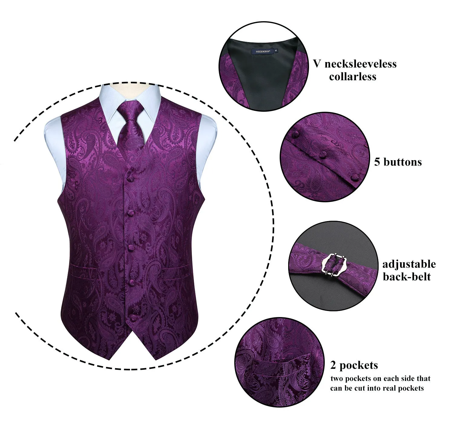 Paisley Suit Vest Tie Handkerchief Set - PURPLE