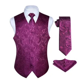 Paisley Suit Vest Tie Handkerchief Set - PURPLE