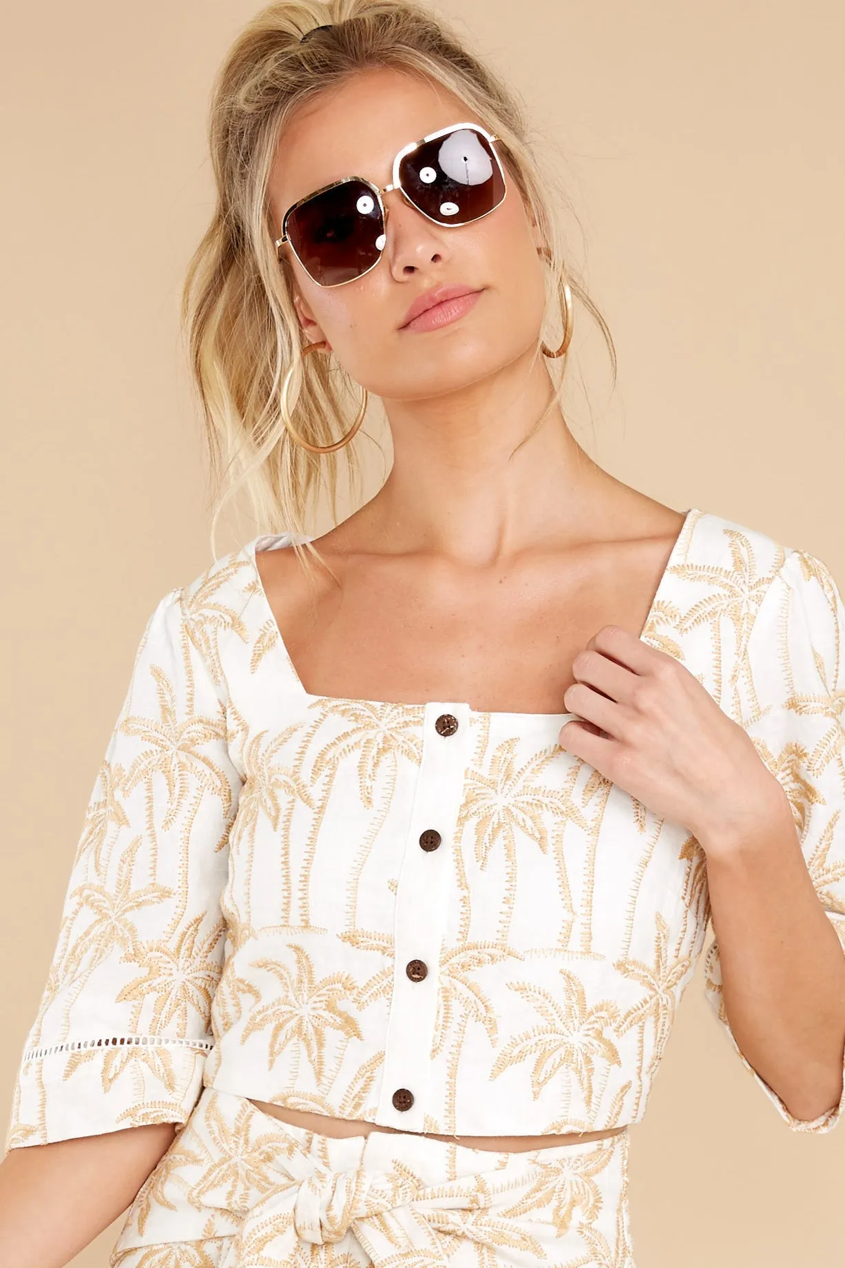 Palm Tree Paradise Ivory Embroidered Crop Top