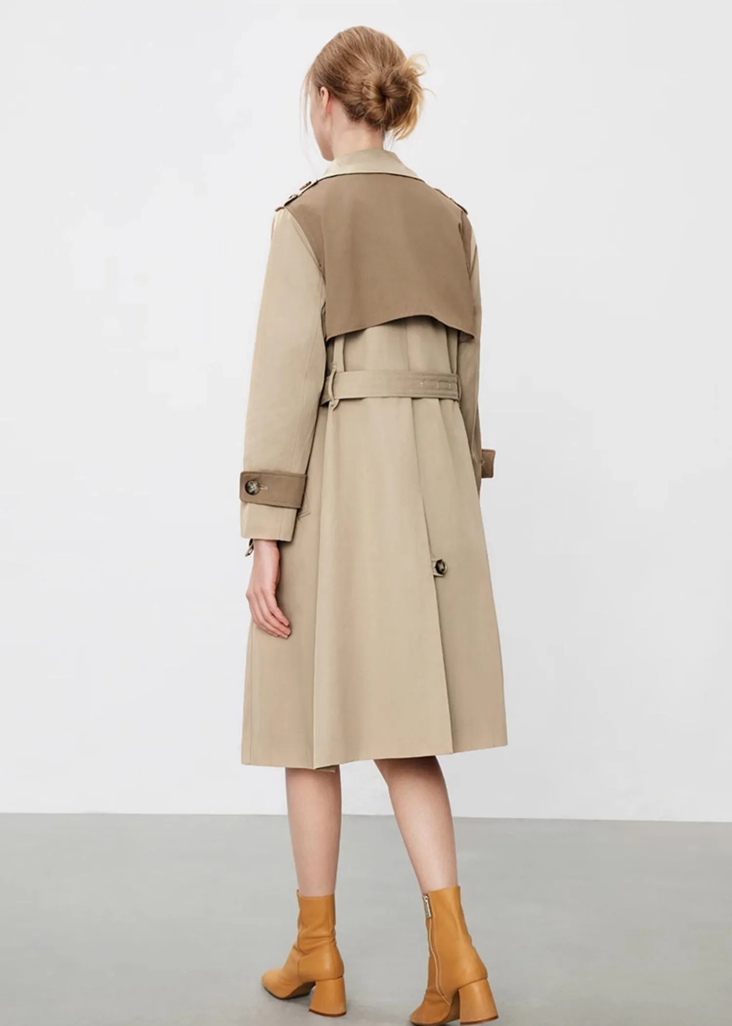 Patchwork Double Breasted Belted Long Trench Coat