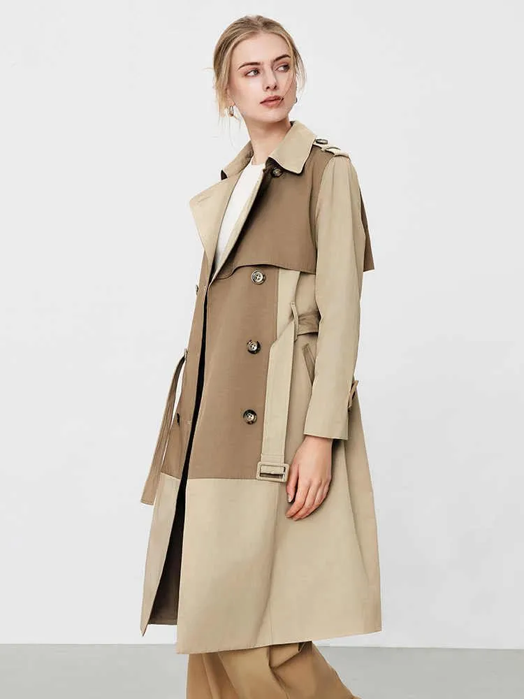 Patchwork Double Breasted Belted Long Trench Coat