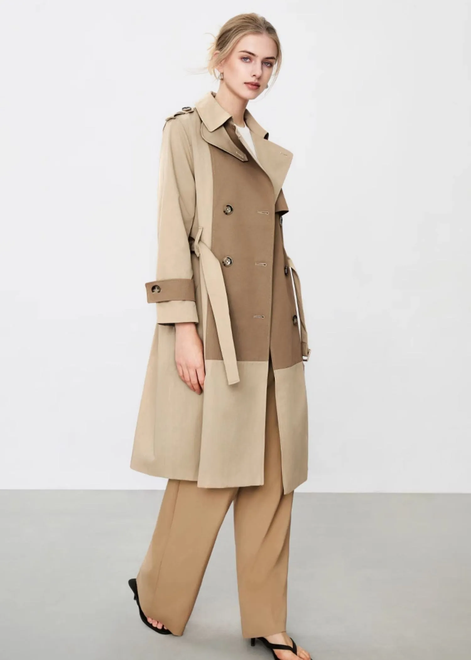 Patchwork Double Breasted Belted Long Trench Coat