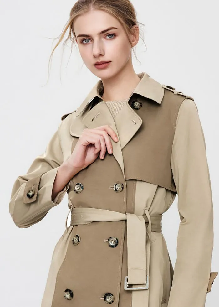 Patchwork Double Breasted Belted Long Trench Coat