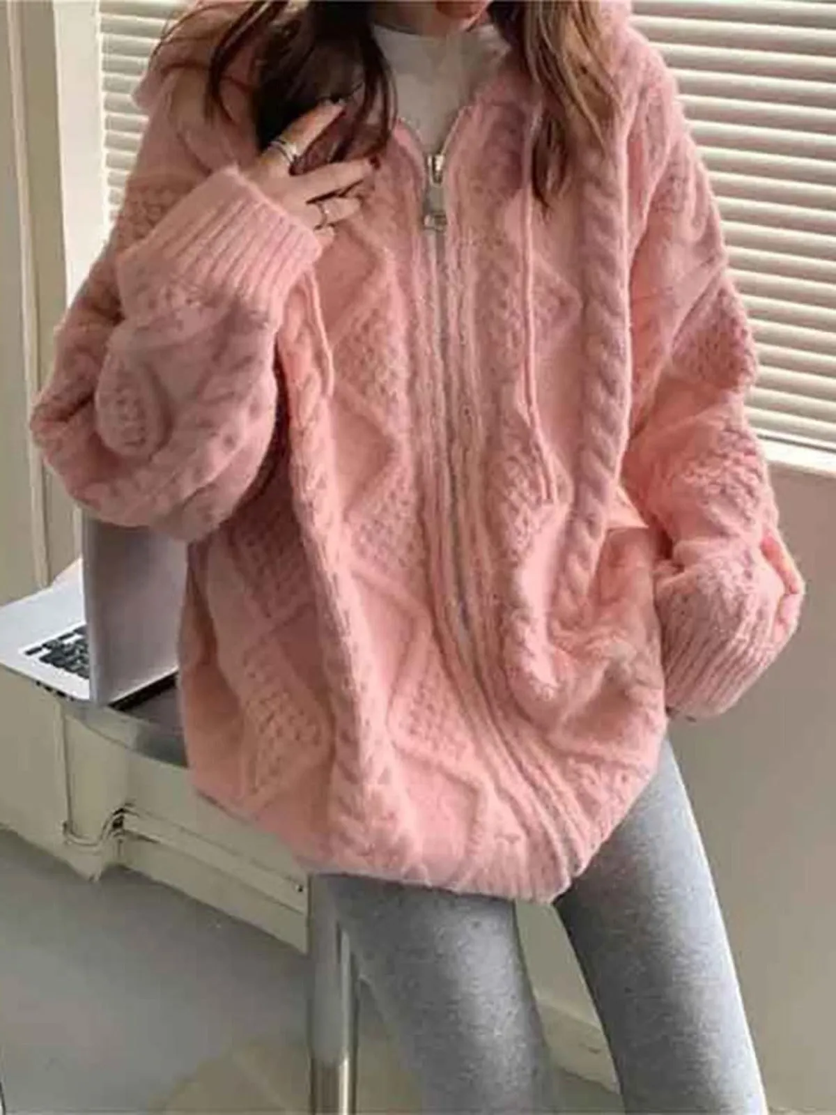 Pink Cable Knit Comfy Hoodie