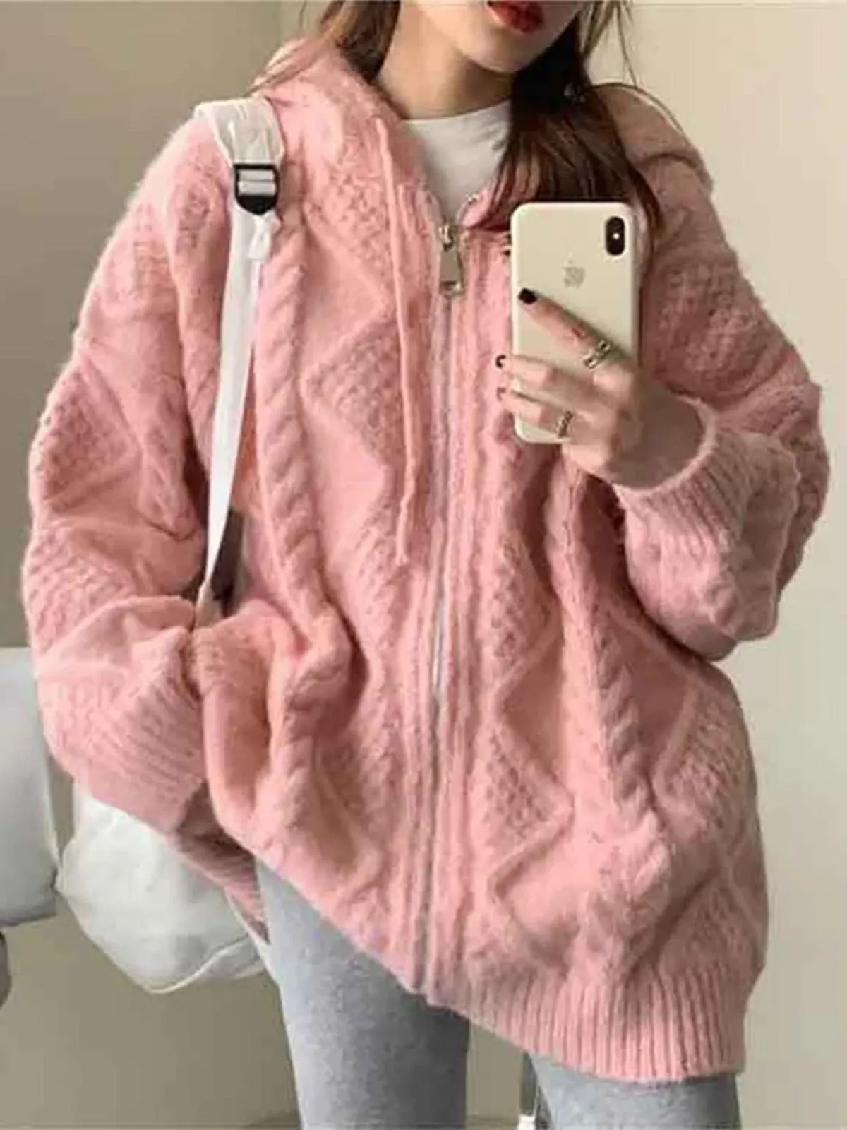 Pink Cable Knit Comfy Hoodie