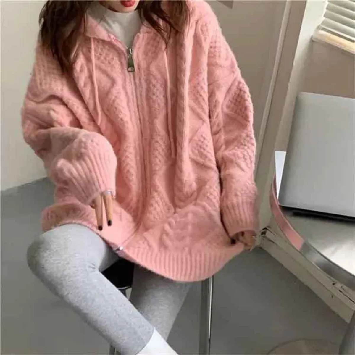 Pink Cable Knit Comfy Hoodie