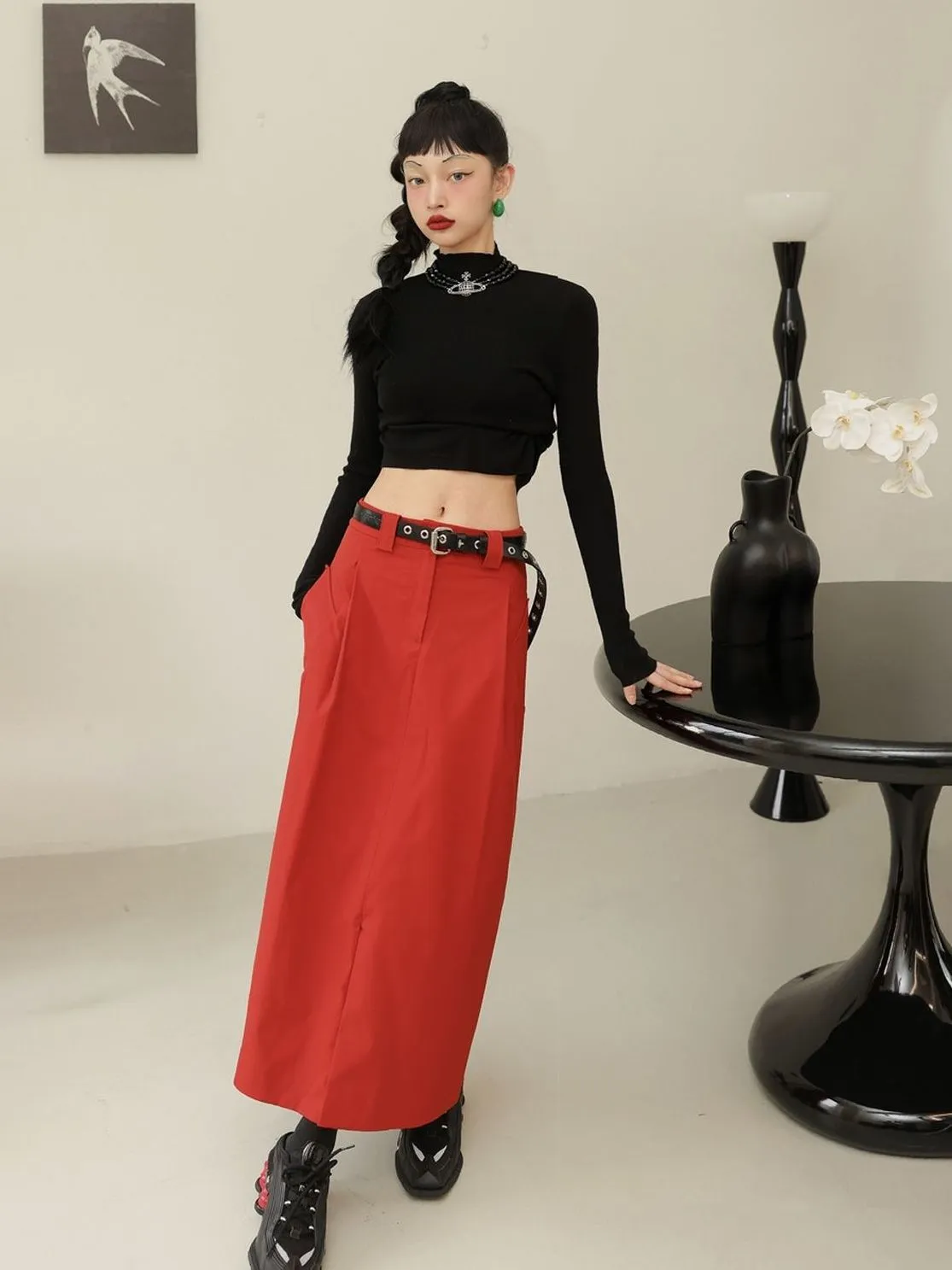 Plain High-waist Simple Long-Skirt