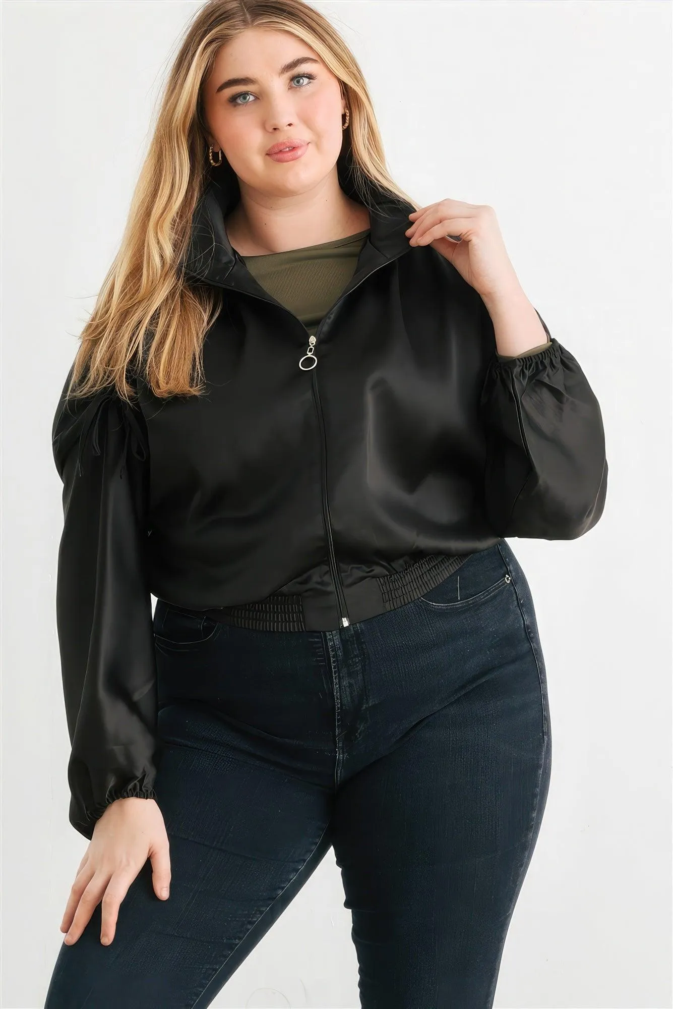 Plus Satin Zip-up Ruched Long Sleeve Cropped Bomber Jacket