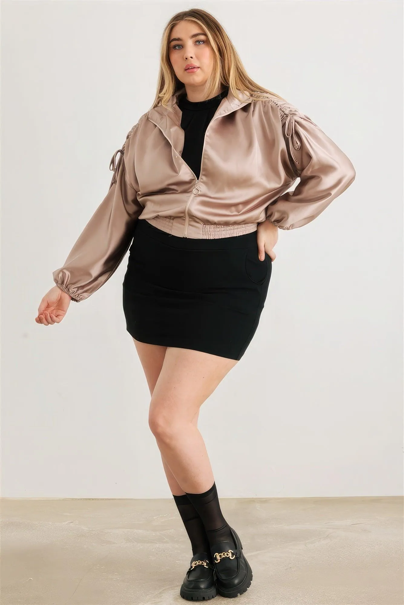 Plus Satin Zip-up Ruched Long Sleeve Cropped Bomber Jacket