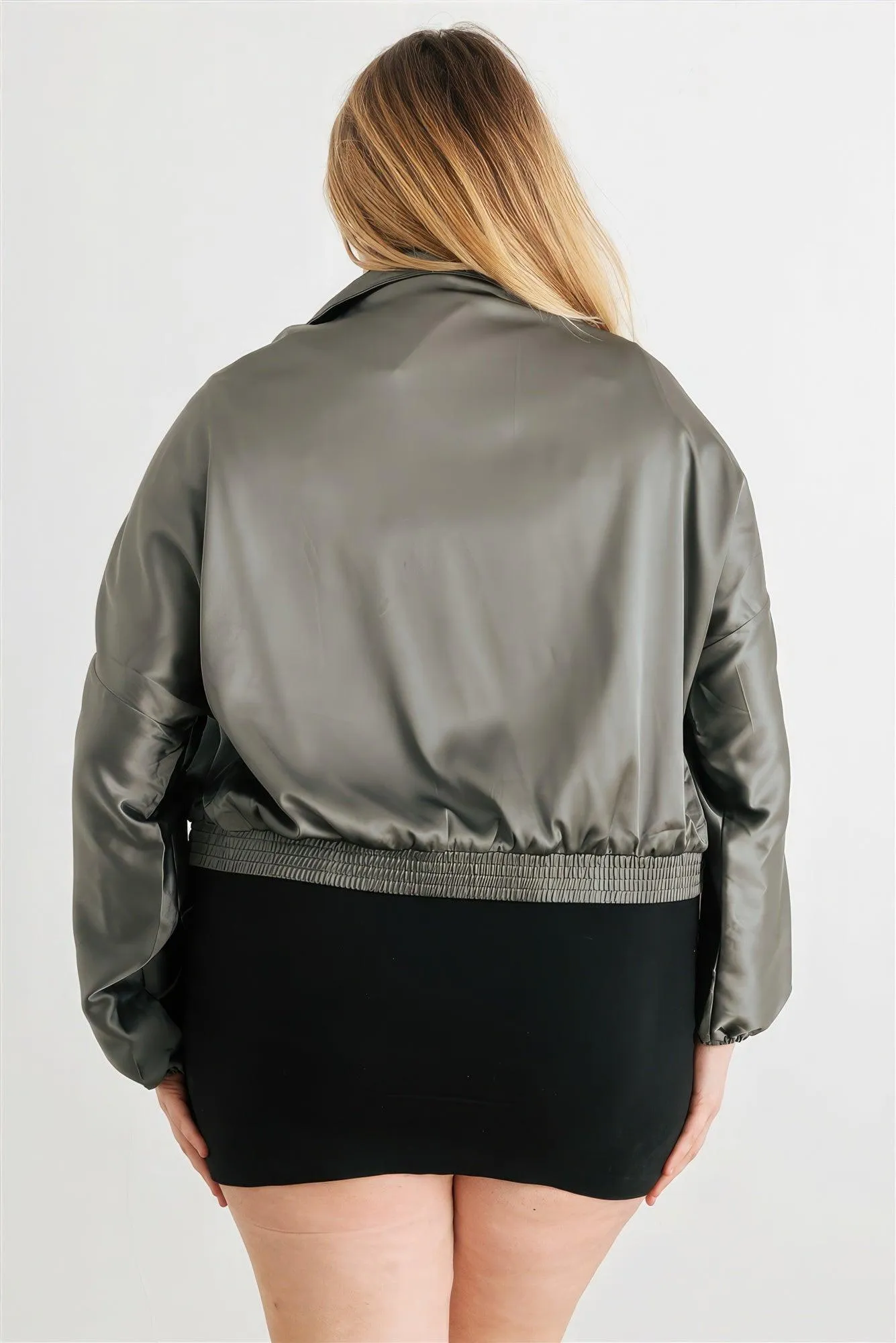 Plus Satin Zip-up Ruched Long Sleeve Cropped Bomber Jacket