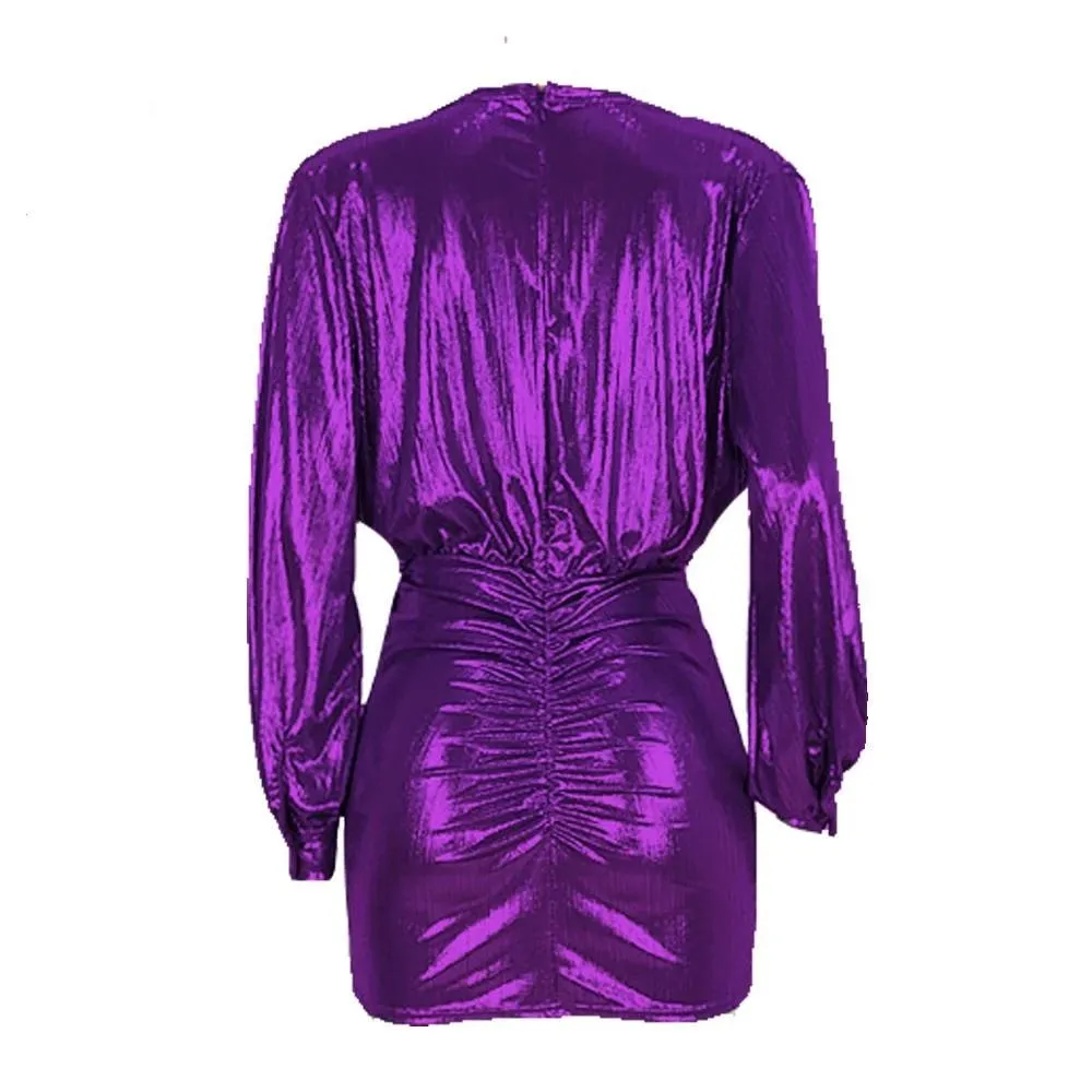 PURPLE METALLIC RUCHED MINI DRESS