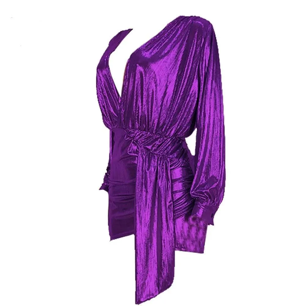 PURPLE METALLIC RUCHED MINI DRESS