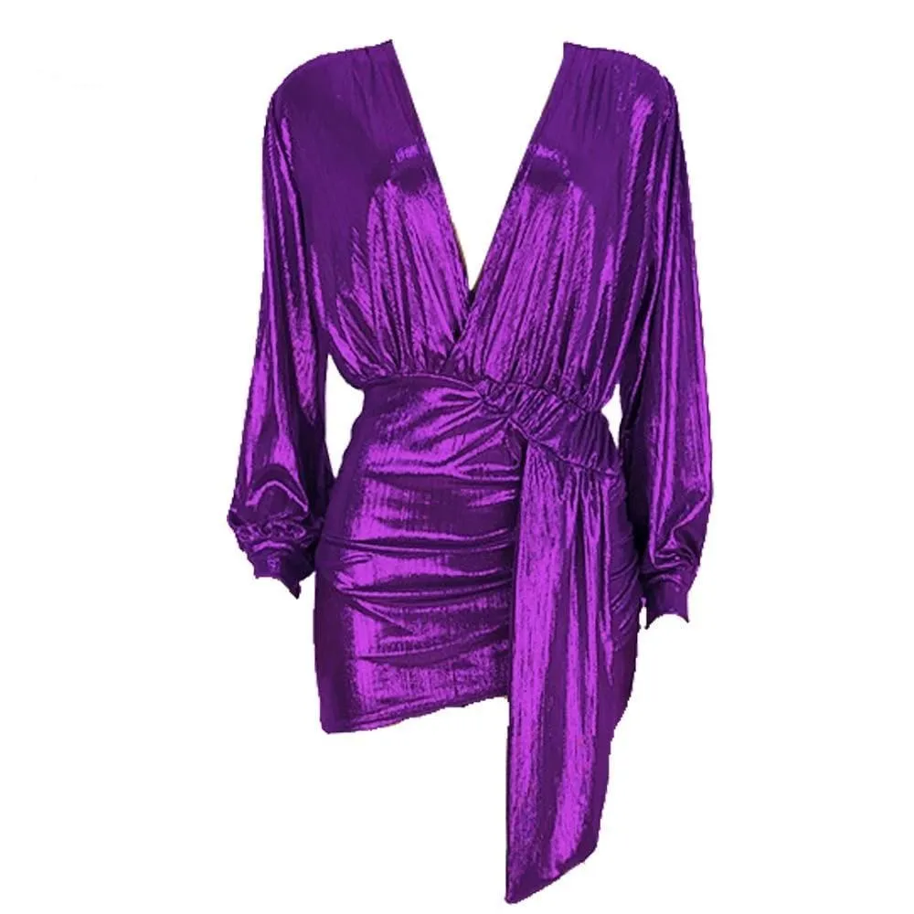 PURPLE METALLIC RUCHED MINI DRESS