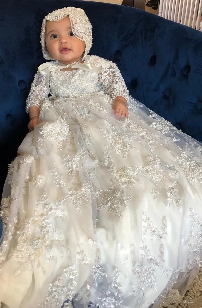 "Eleanor" Lace Beaded Baptism Dress With Bonnet