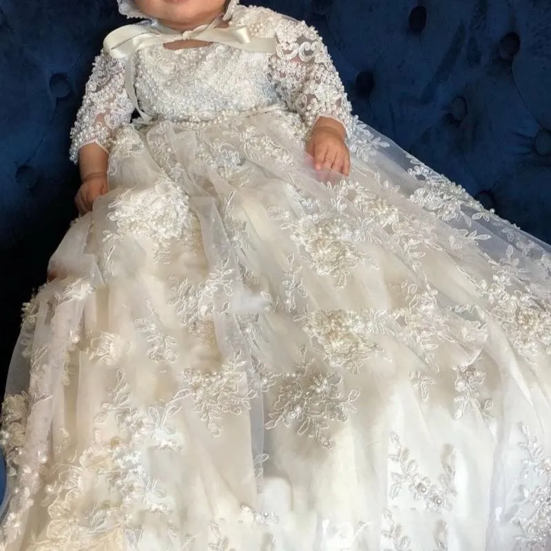 "Eleanor" Lace Beaded Baptism Dress With Bonnet