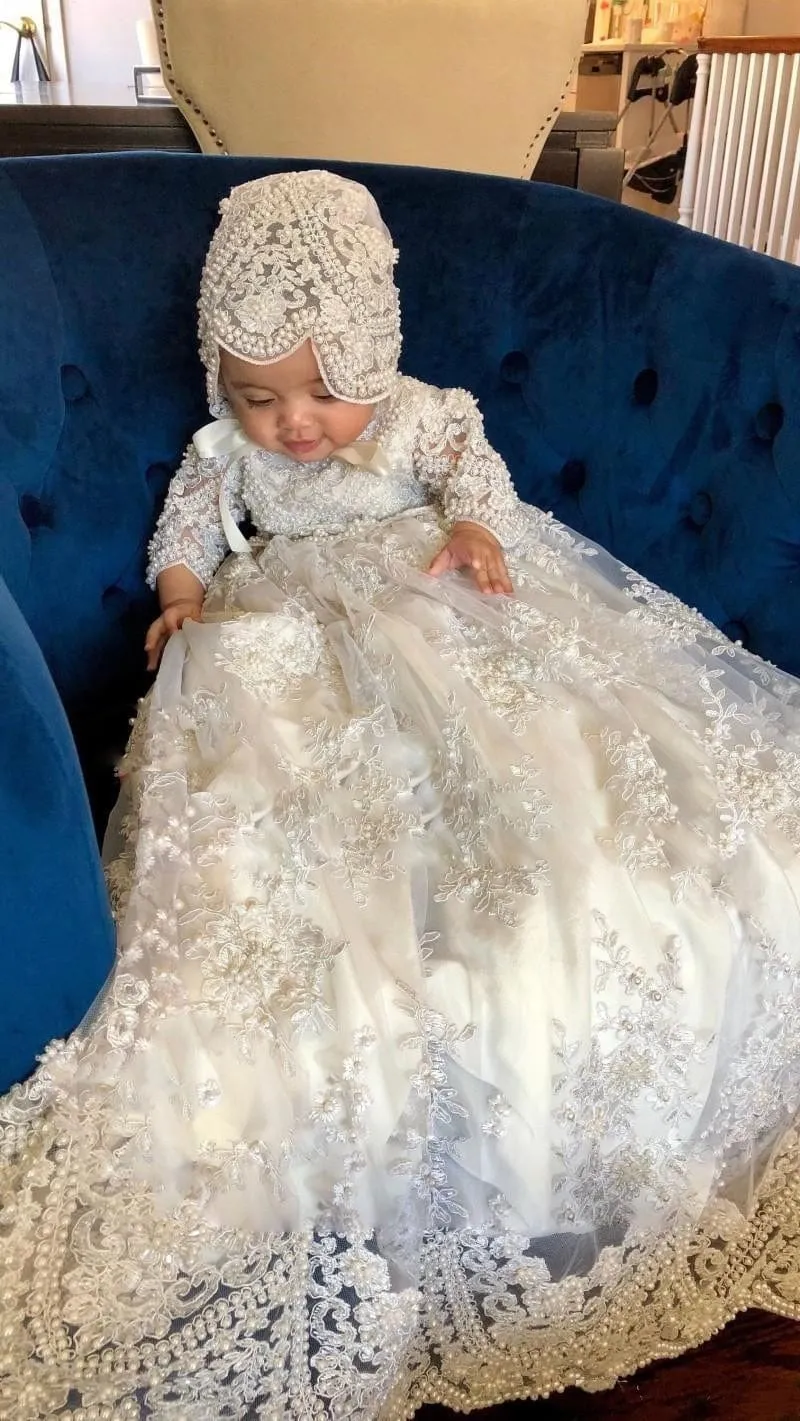 "Eleanor" Lace Beaded Baptism Dress With Bonnet