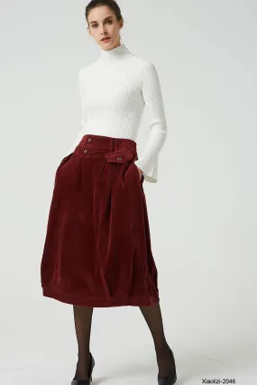 red corduroy bubble skirt, elastic waist skirt 2046