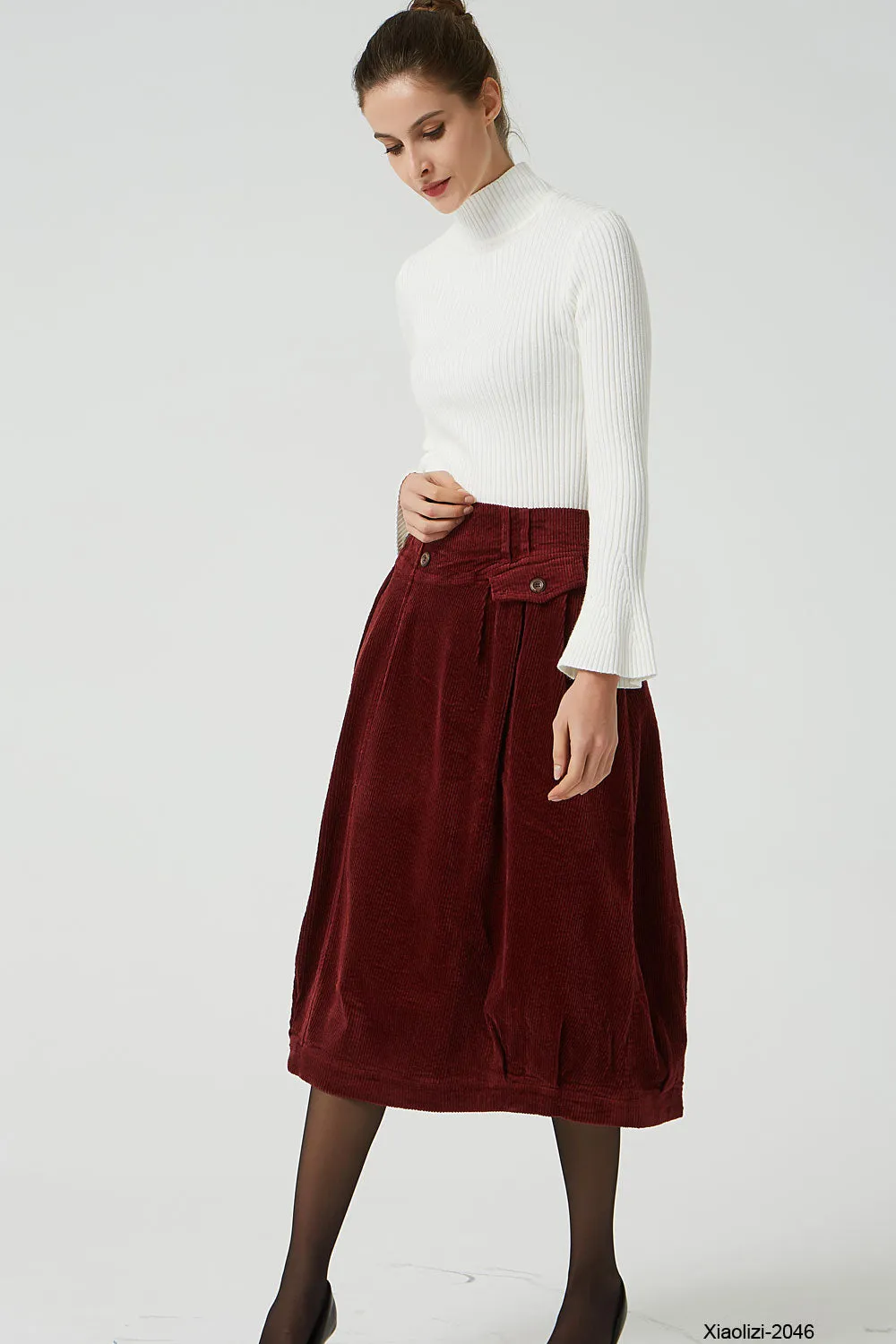 red corduroy bubble skirt, elastic waist skirt 2046