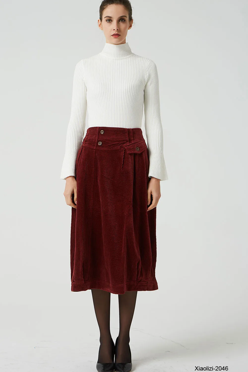 red corduroy bubble skirt, elastic waist skirt 2046