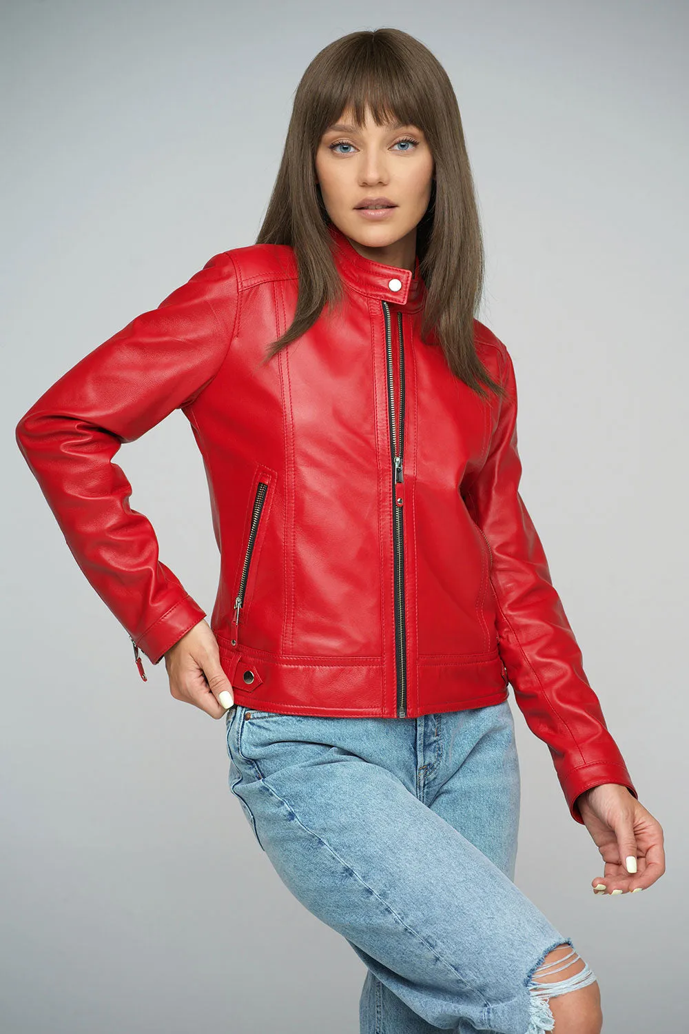 Red Genuine Cropped Leather Jacket