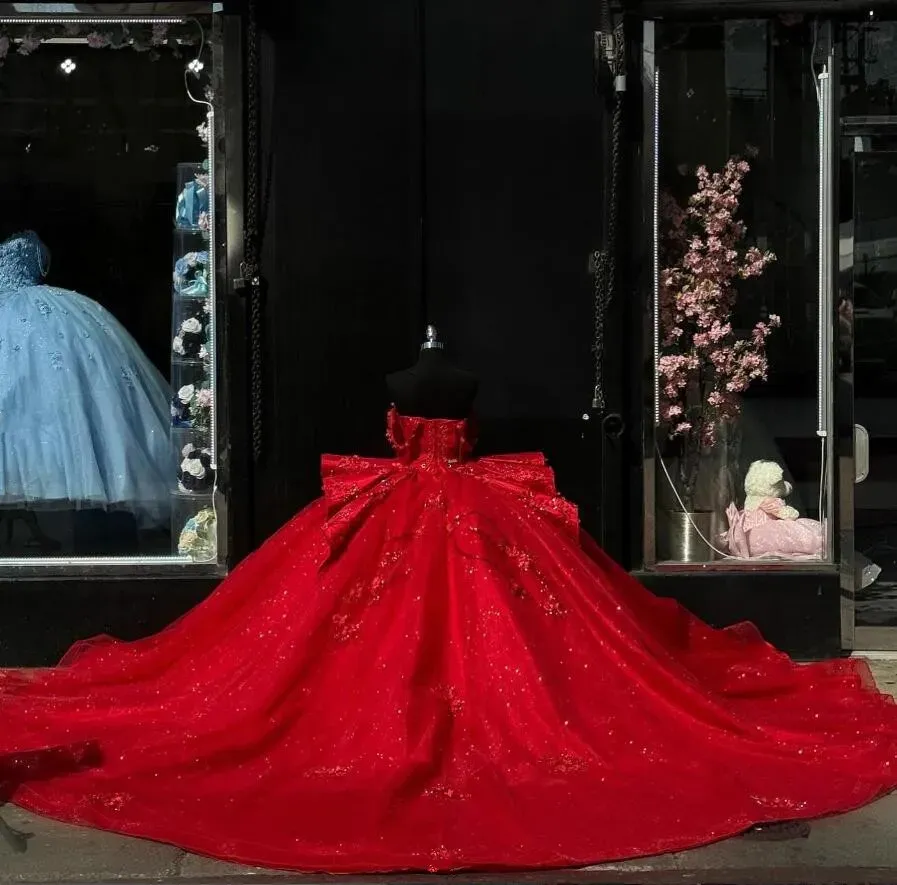 Red Princess Quinceanera Vestidos Gillter Off The Shoulder Corset vestidos de 15 Quinceanera Dress       fg6291