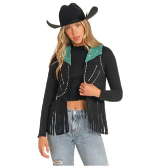 Rock and Roll Cowgirl Women's Black & Turquoise Micro Suede Fringe Western Vest  BW98C04547