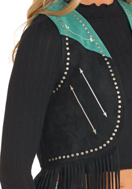 Rock and Roll Cowgirl Women's Black & Turquoise Micro Suede Fringe Western Vest  BW98C04547