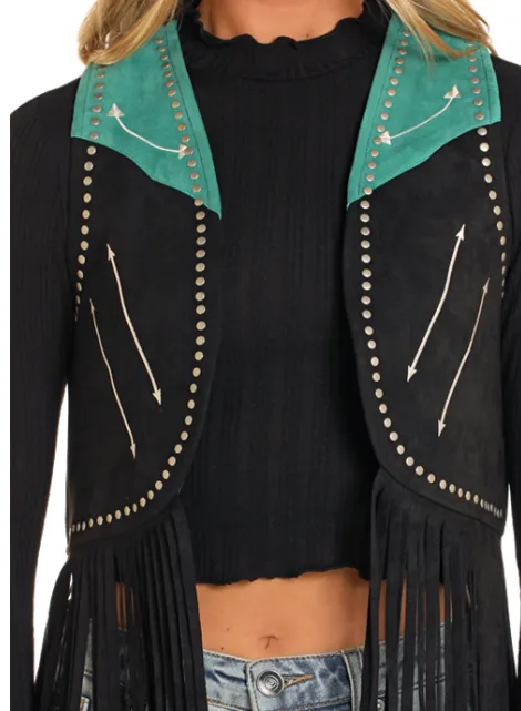 Rock and Roll Cowgirl Women's Black & Turquoise Micro Suede Fringe Western Vest  BW98C04547