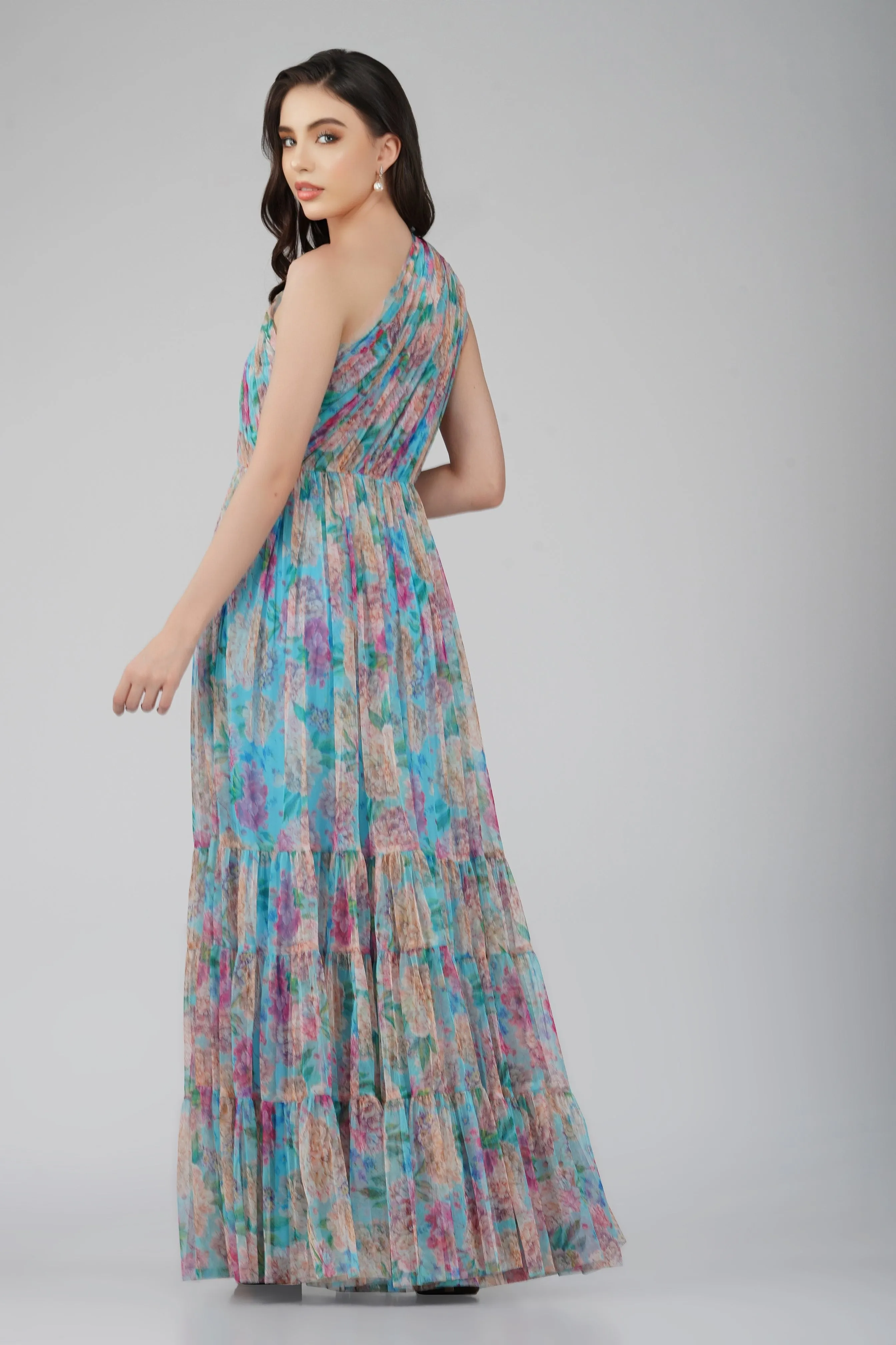 Roka Floral One Shoulder Maxi Dress in Blue