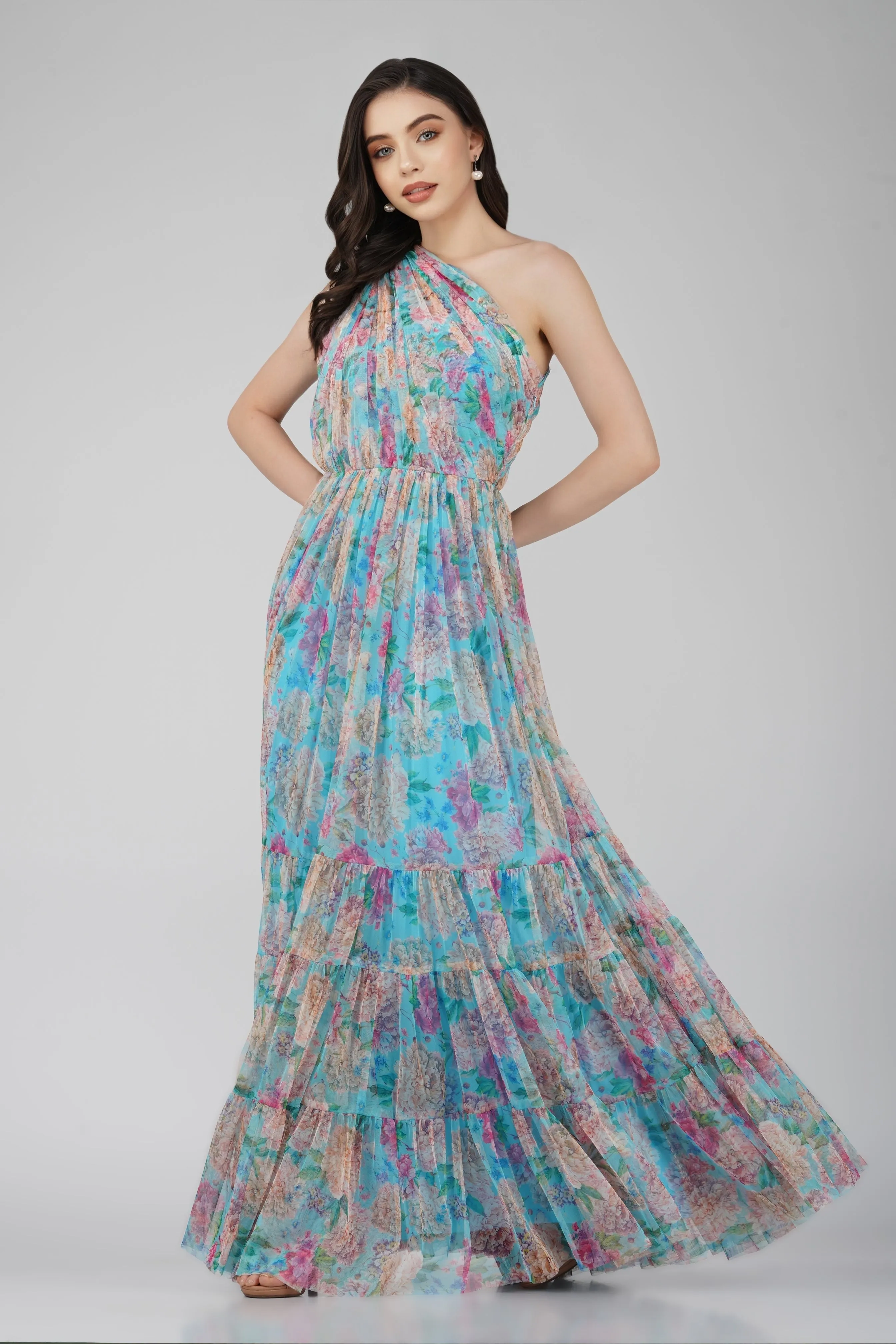 Roka Floral One Shoulder Maxi Dress in Blue