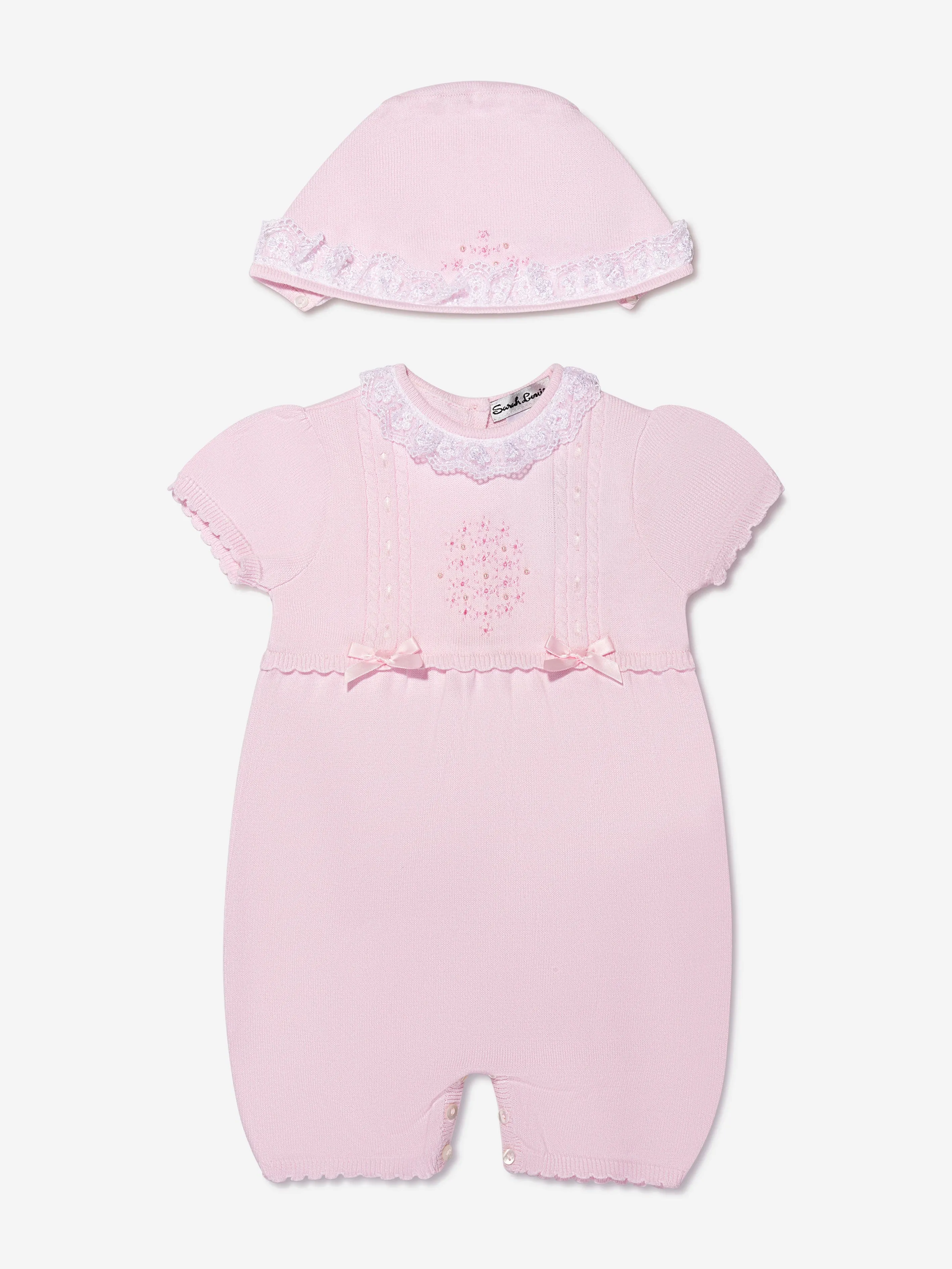 Sarah Louise Baby Girls Bubble Romper And Bonnet Set in Pink