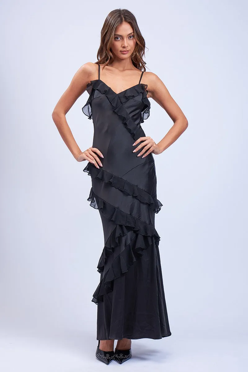 Satin Ruffle Maxi Dress