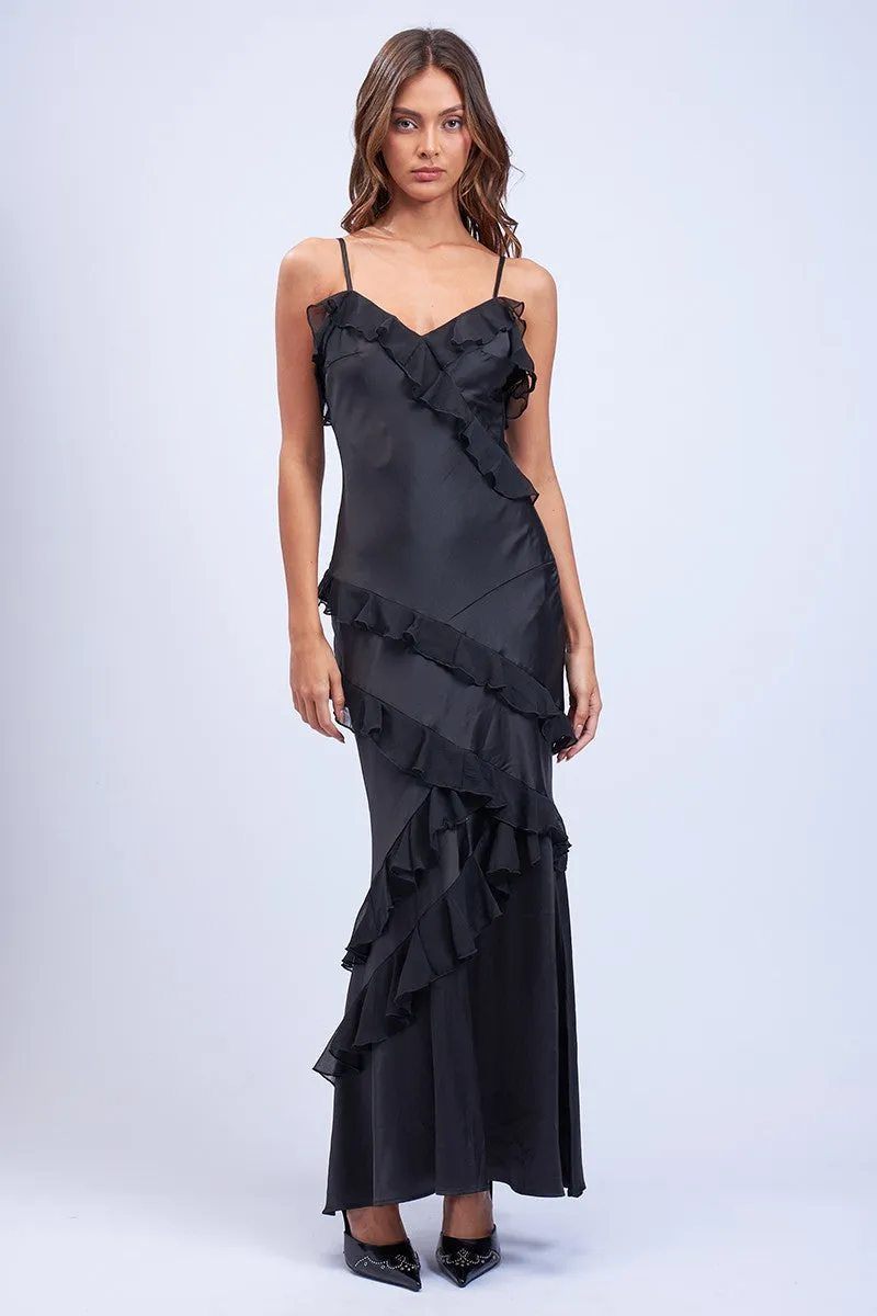 Satin Ruffle Maxi Dress