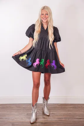 Sequin Horse Black Babydoll Dress