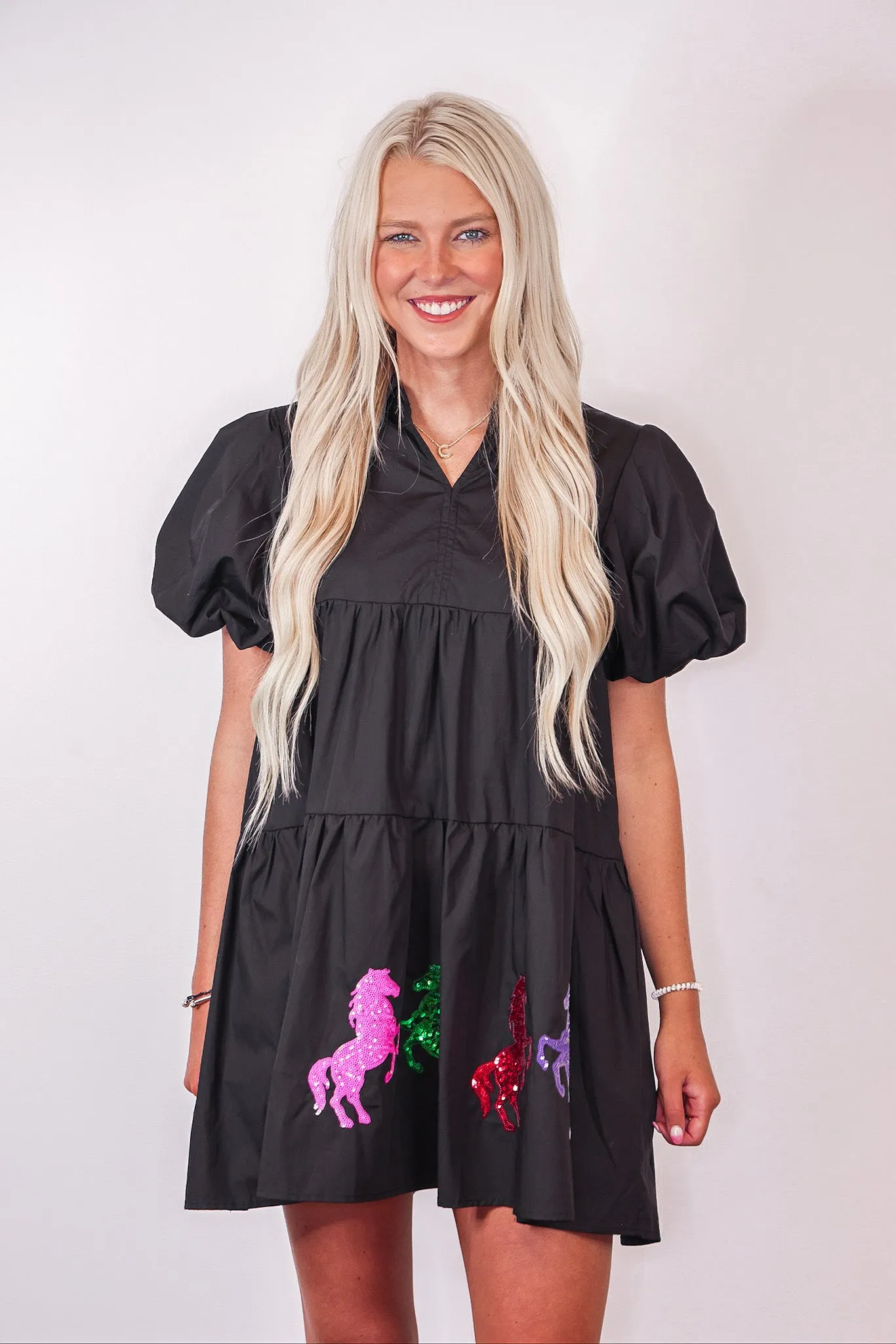 Sequin Horse Black Babydoll Dress