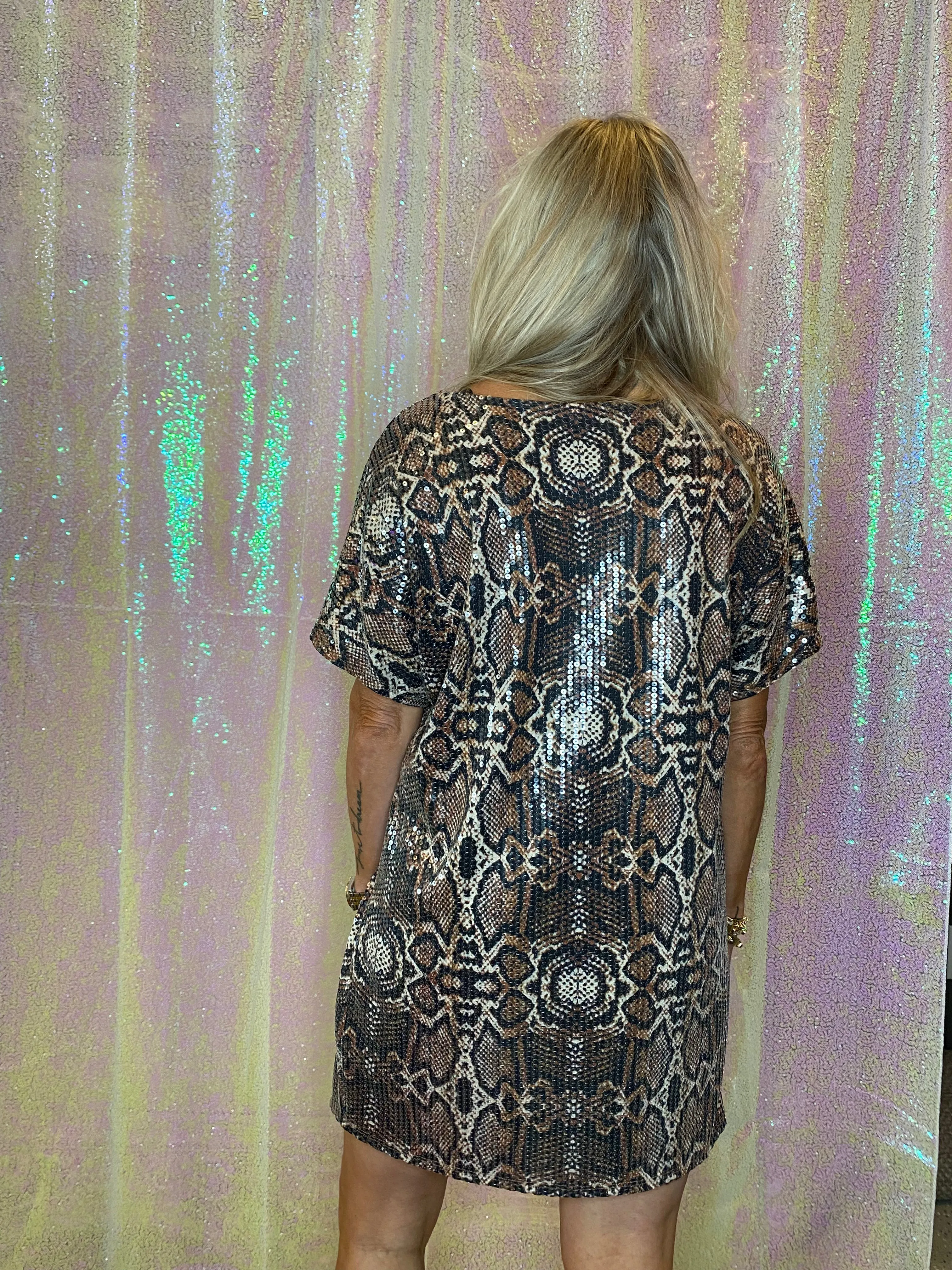 Sequined Animal Print Shift Dress