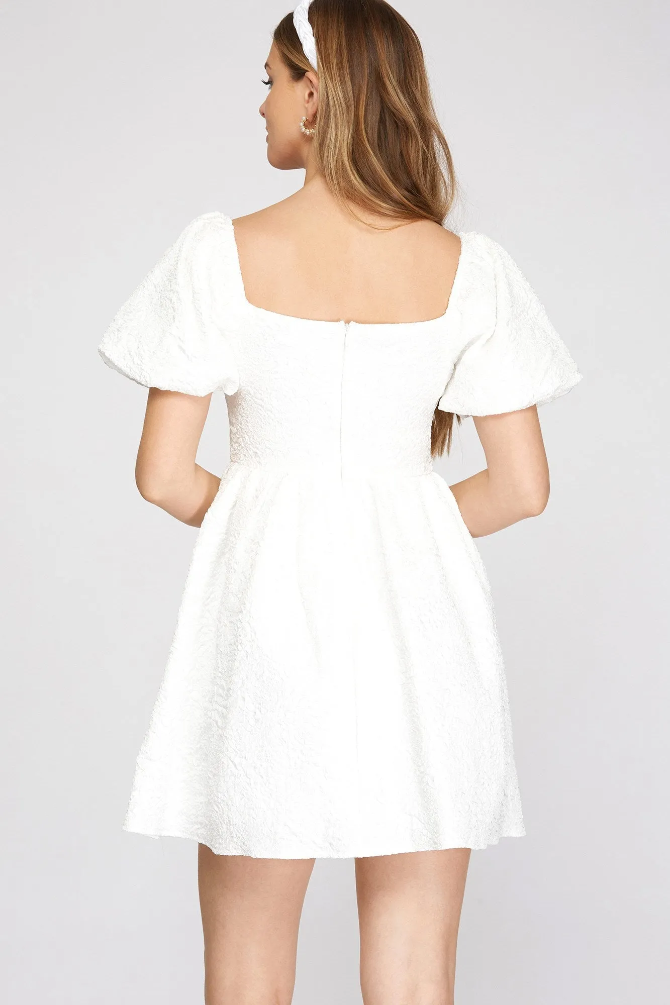 Short Puff Sleeve Jacquard Bridal Babydoll Dress by She   Sky