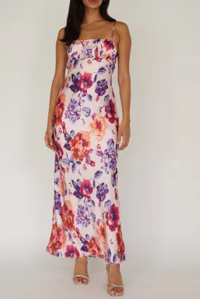 Sienna Pink Floral Maxi Dress with a Straight Neckline