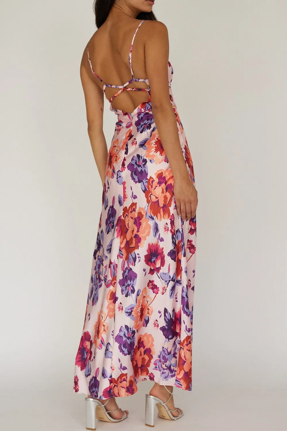 Sienna Pink Floral Maxi Dress with a Straight Neckline