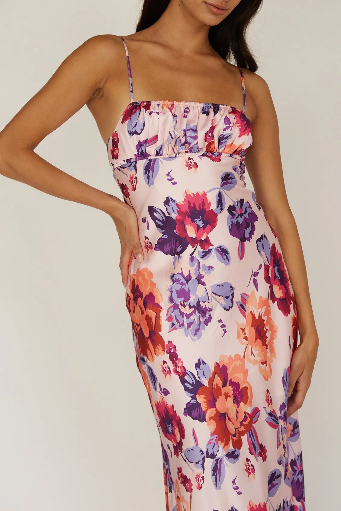 Sienna Pink Floral Maxi Dress with a Straight Neckline