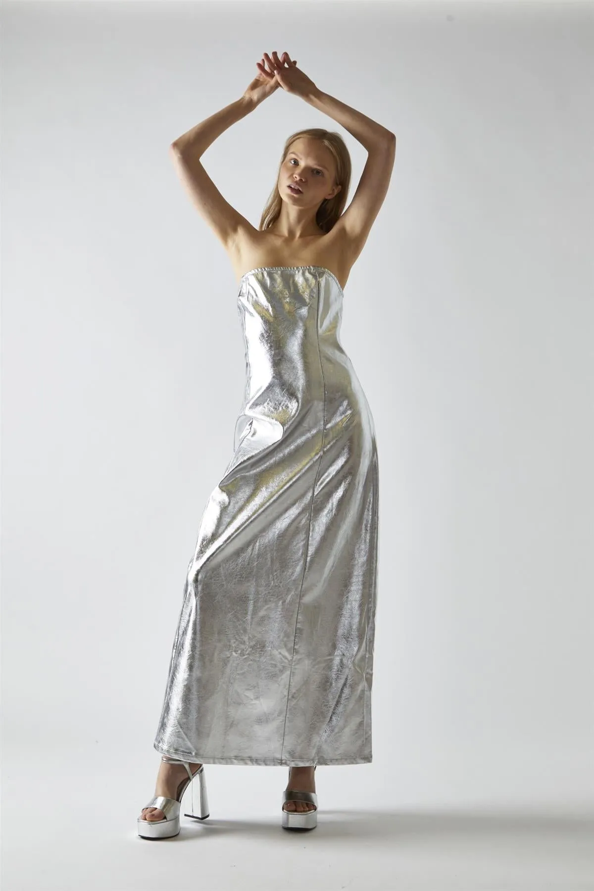 Silver-PU Bandeau Maxi-Dress